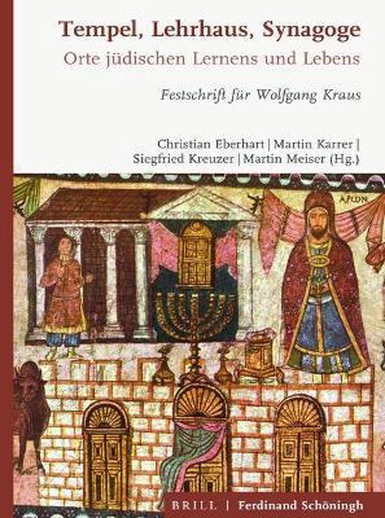 Boekomslag met de titel "Tempel, Lehrhaus, Synagoge". Afbeelding van een joodse tempel en figuren.