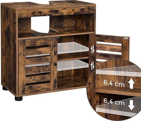 Bruin badmeubel met open vakken en gesloten deuren, met details van verstelbare planken.