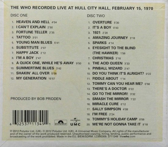 Tracklist van The Who Live At Hull 1970, met Disc One en Disc Two.