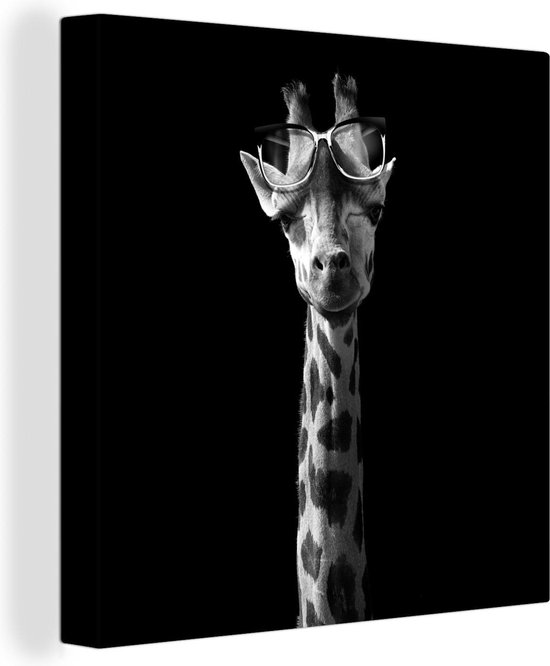 Canvas Schilderij Giraffe met bril op zwarte achtergrond - zwart wit - Wanddecoratie