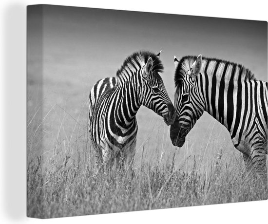 Canvas Schilderij Moeder zebra en haar jong - zwart wit - 60x40 cm - Wanddecoratie