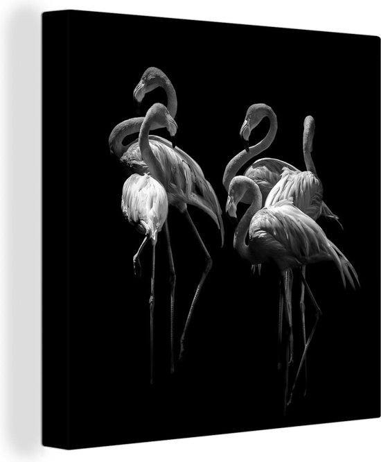 Canvas Schilderij Groep flamingo's op een zwarte achtergrond - zwart wit - Wanddecoratie
