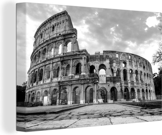 Canvas schilderij 140x90 cm - Wanddecoratie Verlichte Colosseum in Rome - zwart wit - Muurdecoratie woonkamer - Slaapkamer decoratie - Kamer accessoires - Schilderijen