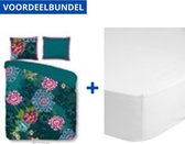 Luxe Dekbedovertrek Eenpersoons - 140x200/220cm - Inclusief 1 Kussensloop - 100% Zacht Percale Katoen - Ceylon Groen + Zachte Katoenen Hoeslaken - 80x200cm - Wit