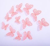 Cake topper decoratie vlinders - Muur decoratie met plakkers - 12 stuks - Roze - VL-03