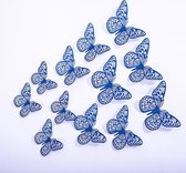 Cake topper decoratie vlinders of muur decoratie met plakkers 12 stuks Blauw - 3D vlinders - VL-03