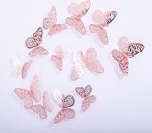 Cake topper decoratie vlinders of muur decoratie met plakkers 12 stuks rosé - 3D vlinders - VL-03