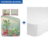 Luxe Dekbedovertrek Eenpersoons - 140x200/220cm - Inclusief 1 Kussensloop - 100% Zacht Percale Katoen - Botanica Groen + Zachte Katoenen Hoeslaken - 90x200cm - Wit