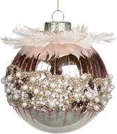 Viv! Christmas Kerstbal - Parels en veren - glas - roze - 10cm
