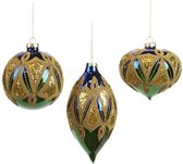 Viv! Home Luxuries Kerstbal - Pauw - set van 3 - glas - blauw groen goud - 10cm