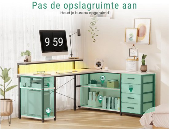 YITAHOME Hoekbureau met 4 laden en opbergruimte, gamingbureau met led