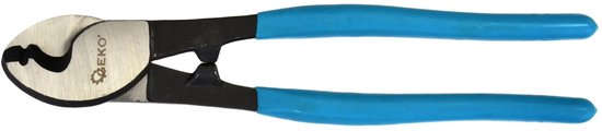 Kabelkniptang met blauwe handvatten en een scherp, gebogen snijblad.