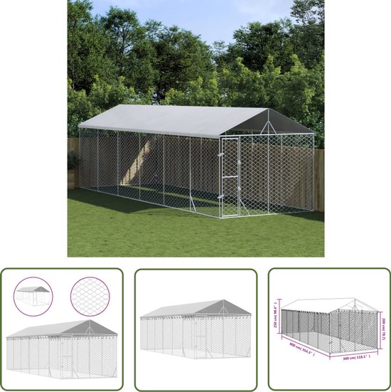 The Living Store Chenil avec toit 3x9x2-5 m en acier galvanisé couleur argent - Chenil