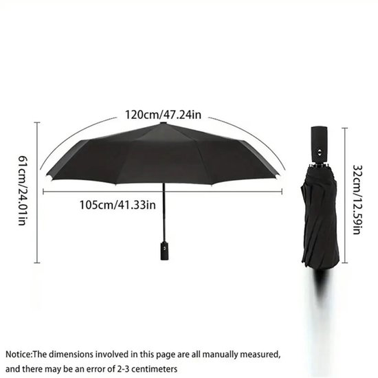 Parapluie pliant noir, 120cm de large et 61cm de haut, 105cm de long, fermé 32cm.