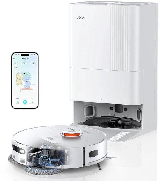 JONR P20 Pro - Robotstofzuiger - Uittrekbare Arm - met Dweilfunctie en Opheffende Mop - 8000Pa - Zelfreinigend - 4L - Obstakelvermijding - Adaptief Kantdweilen - Hete Lucht Drogen - Anti-tangle Rollenborstel - Individuele Tapijtstrategie