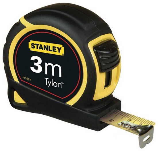 Zwarte Stanley Tylon rolbandmaat van 3m met geel/zwart logo.