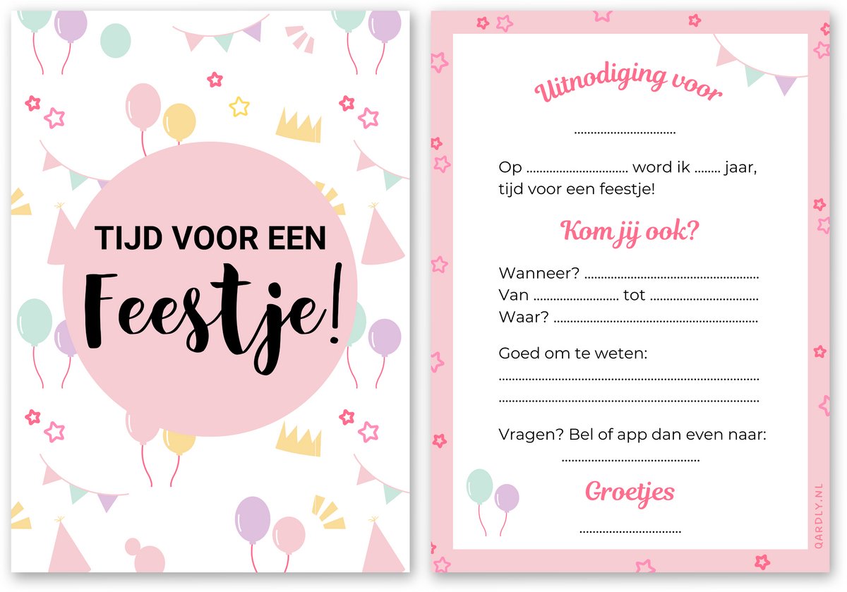 Uitnodiging kinderfeestje jongen meisje - 10 stuks - Uitnodiging verjaardag - Inclusief enveloppen - Uitnodiging feest - Ballonnen Slingers