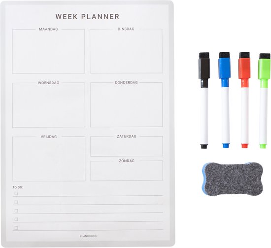Planbooks - Planificateur hebdomadaire magnétique - Planificateur hebdomadaire de tableau blanc - Tableau de planification - Planificateur familial - A4 - Y compris les Marqueurs et la gomme