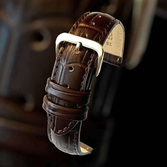 Bracelet de montre-24mm-marron foncé-cuir véritable fourré-croco-boucle couleur or souple-24 mm