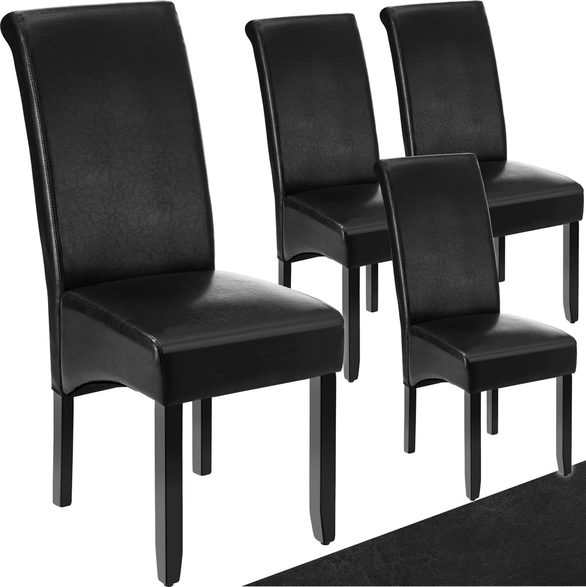 tectake® Eetkamerstoel - Comfortabele kunstleren stoel met hoge rugleuning - Keukenstoel voor keukentafel - Gestoffeerde keukenstoel - Diverse kleuren en sets - Maximale belasting 120 kg - Afmeting (LxBxH) 44 x 63 x 106 cm - Set van 4 - Zwart