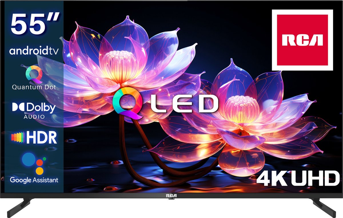 RCA Android Smart TV - QLED 4K UHD - 55 inch/140 cm - Frameless Design - Tripple Tuner DVB-T/T2/S/S2/C - HDMI x3, USB x2, CI+ - Voice control & streaming apps - Geassembleerd in Eindhoven - RAQ55UN1 - RCA - €288,00