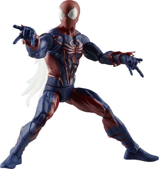 Actiefiguur van Spider-Man Unlimited, rood en blauw, met witte cape en wijzende vingers.