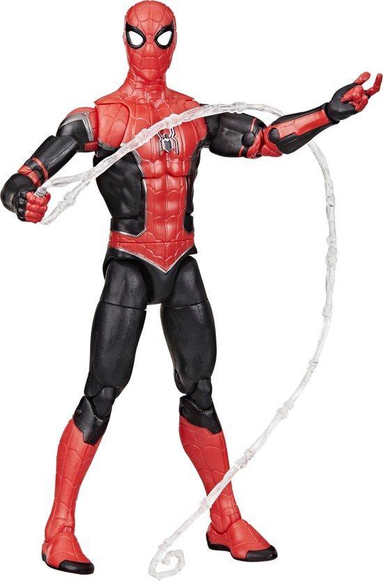Spiderman actiefiguur in rood met zwarte accenten, houdend een web.