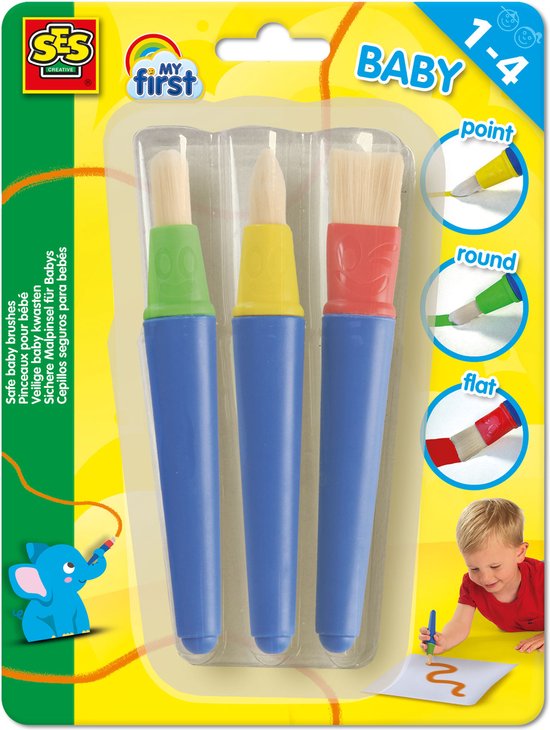 SES Creative - My First - 3 Veilige Babykwasten van Kunststof – Stevig en Goede grip voor kleine handjes - Platte, Ronde en punt Kwast - vanaf 1 jaar