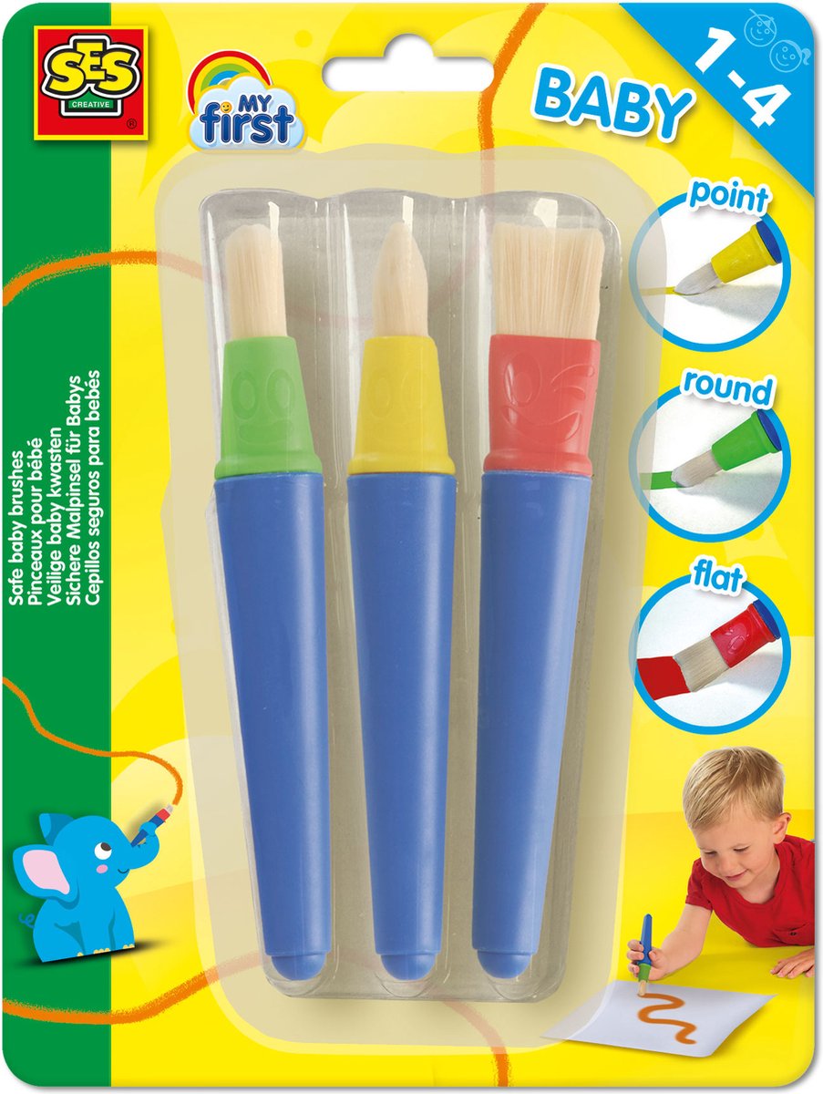 SES Creative - My First - 3 Veilige Babykwasten van Kunststof – Stevig en Goede grip voor kleine handjes - Platte, Ronde en punt Kwast - vanaf 1 jaar