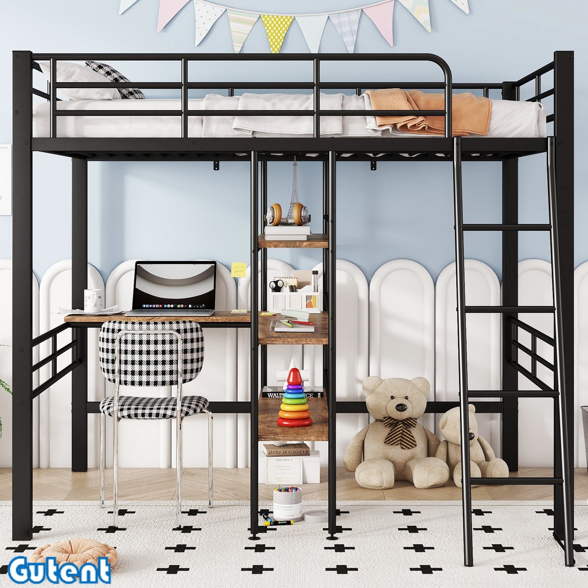 Gutent Hoogslaper-90*200 cm-Geen matras-met-bureau-ijzeren frame-Zwart-Geen stoel