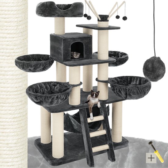 Grote grijze kattenboom met meerdere verdiepingen, inclusief huisje, manden, hangmat en speelgoed. Twee katten, een op de grond en een in het huisje.