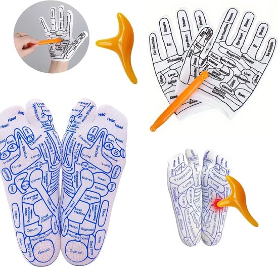 WoodyDoody Massage Acupunctuur Reflexologie HANDSCHOENEN en SOKKEN SET - Reflexology Sokken en Handschoenen met Drukpunt Aanduiding en 2 Stijlvolle Acupressuur Pennen voor Voetmassage en Handmassage - Voetreflexologie Handreflexologie UNISEX