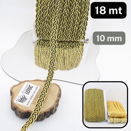 18 meter goudkleurig en zwart gevlochten sierlint van 10 mm breed.