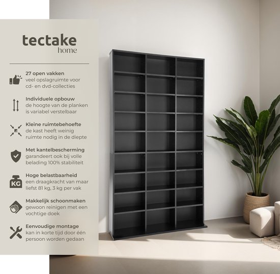 Tectake Étagère à CD étagère à dvd modèle sur pied noir 180 x 102 x 23,5 cm 401704