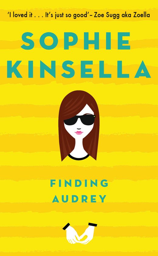 Boek 'Finding Audrey' van Sophie Kinsella. Gele strepen met illustratie van meisje met zonnebril.