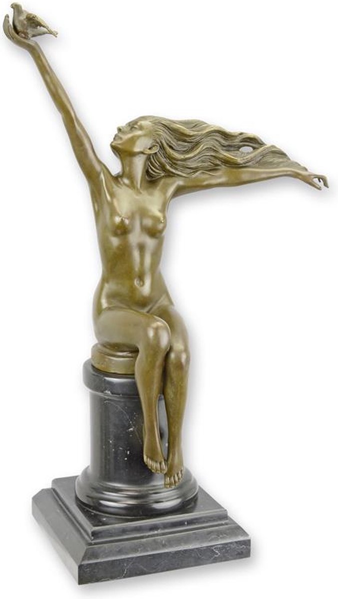 Vrouw met Duif - Bronzen Sculptuur - Art Deco Brons Beeld - Bruine Patina - Marmer Sokkel - 42 cm