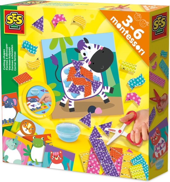 Jouet Montessori Découpe Formes Ses Creative - Ciseaux Sécurisés, 6 Planches, 2 Cartes, Colle Doigt