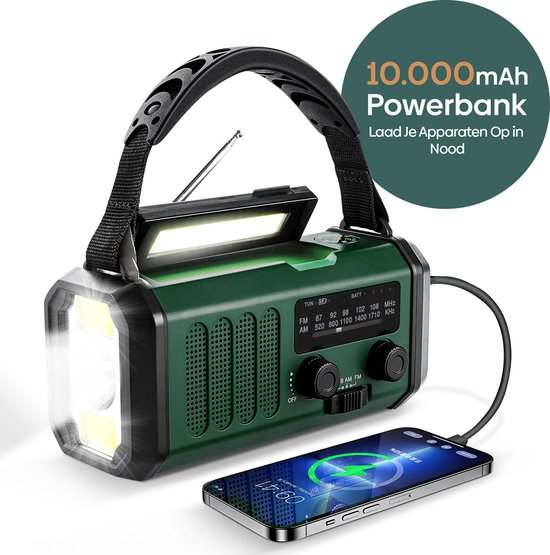 Lion D'or® - Noodradio - 10.000mAH Batterij - Noodradio Solar Opwindbaar - USBC Oplaadbaar - Powerbank - Noodpakket - Noodrantsoen - Draagbare Radio - Groen