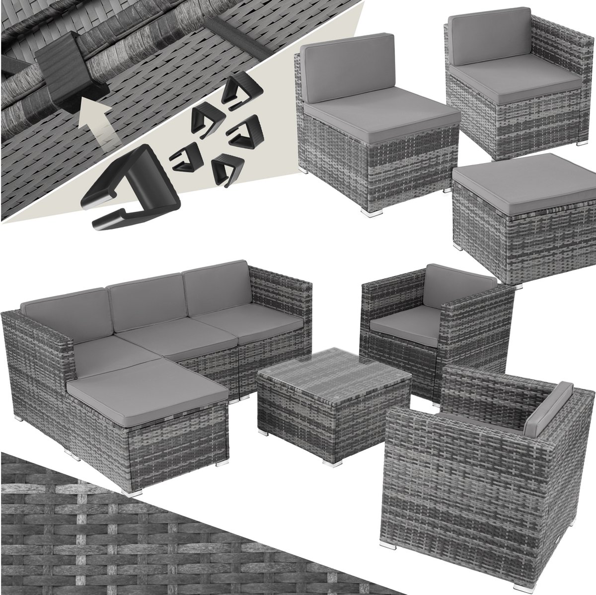 tectake® wicker Loungeset, buitenzitgroep, set met bank, 2 fauteuils, kruk, tafel, vrij combineerbaar, tuinmeubelen voor 5-6 personen, voor tuin, terras, balkon, inclusief kussens - grijs - poly-rattan