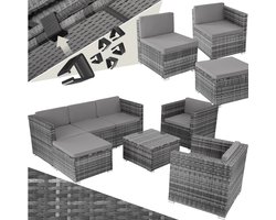 tectake® wicker Loungeset, buitenzitgroep, set met bank, 2 fauteuils, kruk, tafel, vrij combineerbaar, tuinmeubelen voor 5-6 personen, voor tuin, terras, balkon, inclusief kussens - grijs - poly-rattan