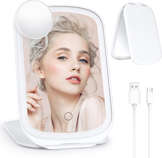 USB-oplaadbare make-upspiegel met verlichting, draagbaar, met 72 lampen, 3 kleuren, touchscreen, dual-stroombron, cosmetische tafelspiegel