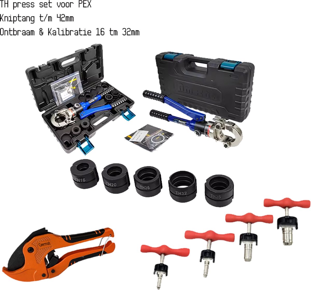 Complete Waterleiding Gereedschap Set voor PEX en Meerlagenbuis – TH-Press Persgereedschap, 42 mm Buiskniptang en Kalibrator & Ontbramer 16–32 mm – Geschikt voor Henco, Geberit en Meer