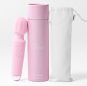 Vibrateur rose, cylindre de rangement rose avec logo 'fae', et une pochette en tissu blanc.