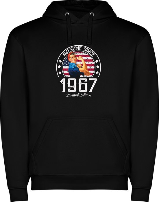 Zwarte unisex hoodie met “ Kleurrijke Awesome Since 1967 Limited Edition – Leeftijd – Verjaardag “ Print Full Color merk Roly maat M
