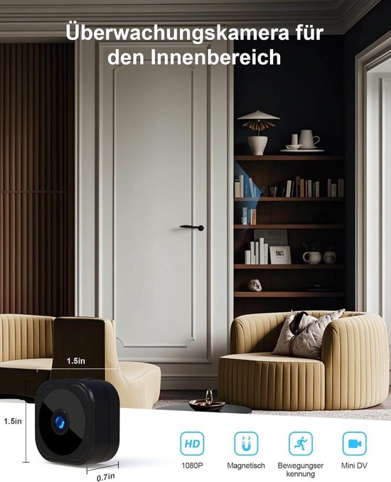 Tiantianle Mini-bewakingscamera voor binnen, 1080p HD, mini-camera, live overdracht, mobiele