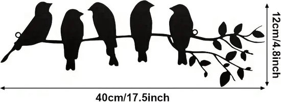 Zwarte metalen wanddecoratie met vijf vogels op een tak, afmetingen 40cm/17.5inch breed en 12cm/4.8inch hoog.