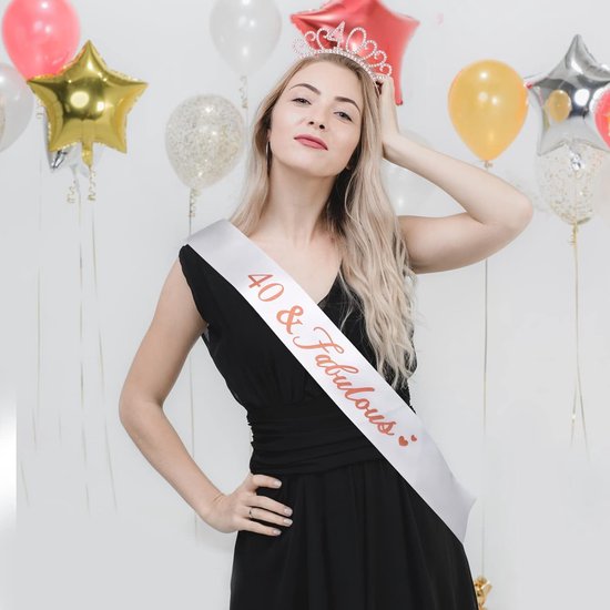Sjaal voor verjaardag, koningin en strass-tiara, 21, 30, 40, 50, 60 jaar, verjaardagscadeaus voor vrouwen, verjaardagsfeestaccessoires, 156 x 10 cm (LW) und 13 x 15 x 4 cm, adjustierbar, Metaal