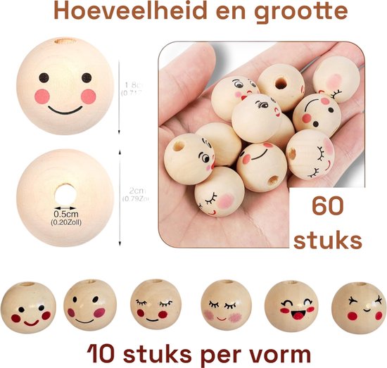 Set van 60 houten kralen, 1,8 cm groot, met diverse lachende gezichtjes.