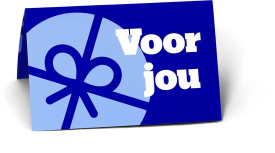 Blauwe kaart met cadeau-strik en de tekst "Voor jou" in witte letters.