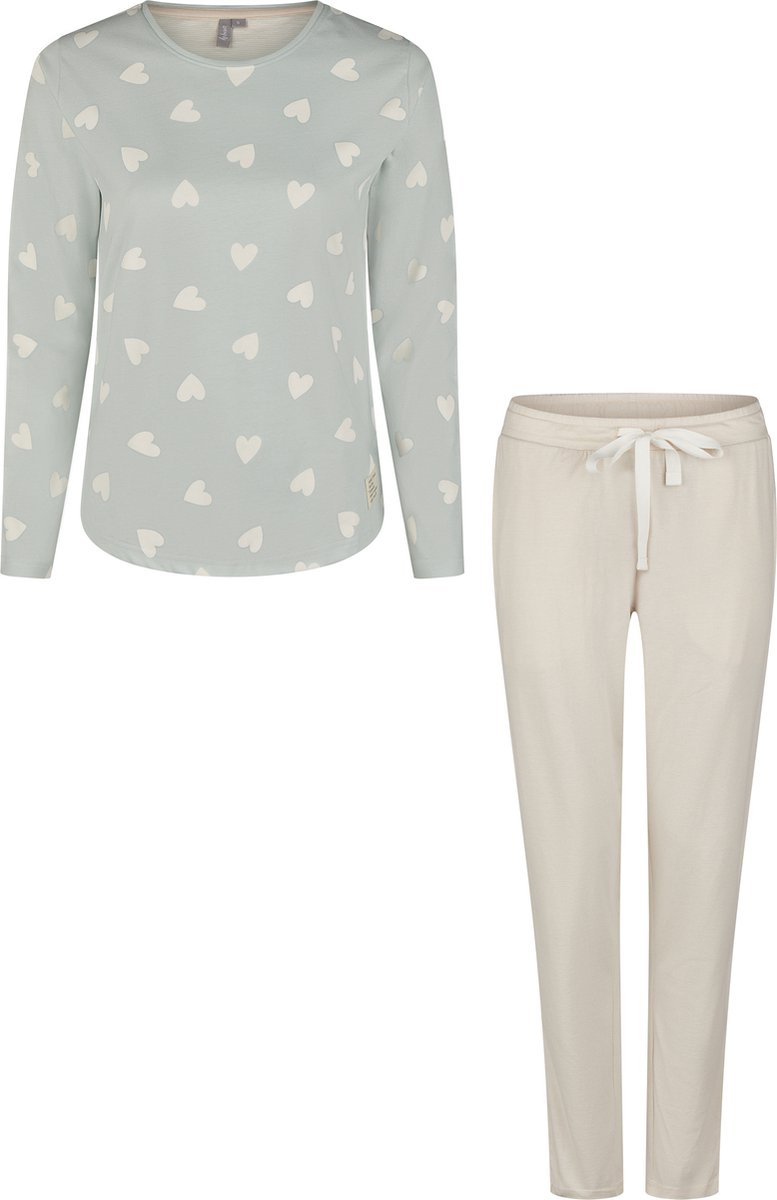 By Louise Dames Pyjama Set Lang Katoen Mintgroen Hartjes/Beige Gestreept